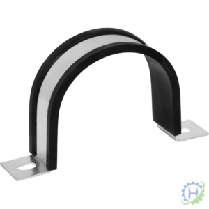 hydraulicplanet The ACCUMULATOR CLAMP - CRE SERIES features a metal and rubber cushion with two mounting holes, ideal for securely fastening pipes or cables to flat surfaces.