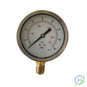 hydraulicplanet The 100MM DIAMETER GLYCERINE FILLED PRESSURE GAUGE displays psi and bar readings, has a brass bottom connector, and features a logo in the lower right corner.