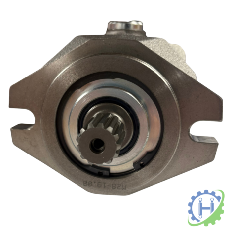 35CC AXIAL MOTOR-3 hydraulicplanet Close-up of the 35CC AXIAL MOTOR component featuring a central gear and serial number, displayed on a white background with a logo at the bottom right-hand corner.