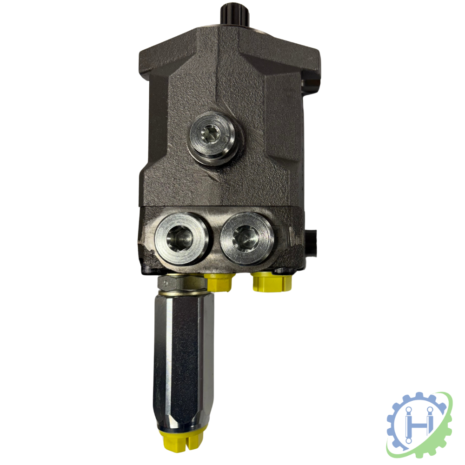 35CC AXIAL MOTOR-2 hydraulicplanet Close-up of the 35CC AXIAL MOTOR with metal fittings and yellow caps against a white background, featuring a gear-themed logo in the lower right—perfect for axial motor applications.