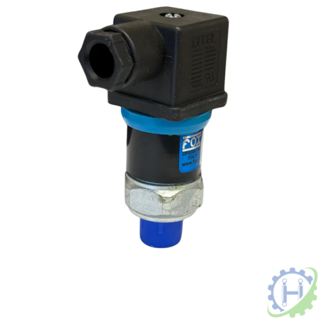 PRESSURE SWITCH 1/4" BSP MALE THREAD-2 hydraulicplanet The PRESSURE SWITCH 1/4" BSP MALE THREAD has a black connector, blue base, and silver fitting, shown upright on a white background with a gear and spanner logo in the corner.