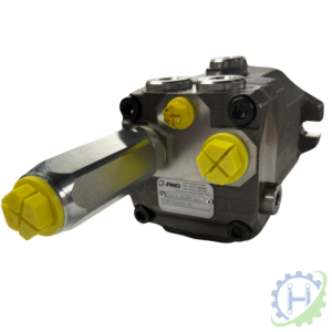 hydraulicplanet The 35CC AXIAL MOTOR is a metal hydraulic pump with yellow plastic port caps, a label plate, and a hexagonal silver handle, shown at an angle on a white background.